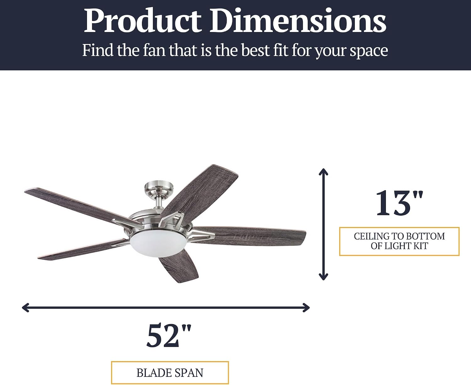 Prominence Home Clancy, 52 Inch Contemporary LED Ceiling Fan with Integrated Dome Light, Remote Control, Dual Mount, 5 Reversible Dual-Finish Blades - 51482-01 (Brushed Nickel)