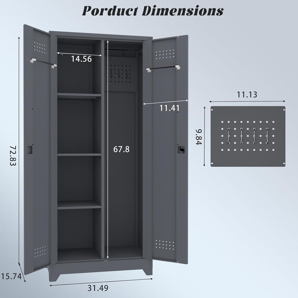 IRONFFICE Metal Lockable Storage Cabinet,Tall Garage Storage Cabinets with 2 Doors,Locking Cabinets for Office,Home,Utility Room,Grey