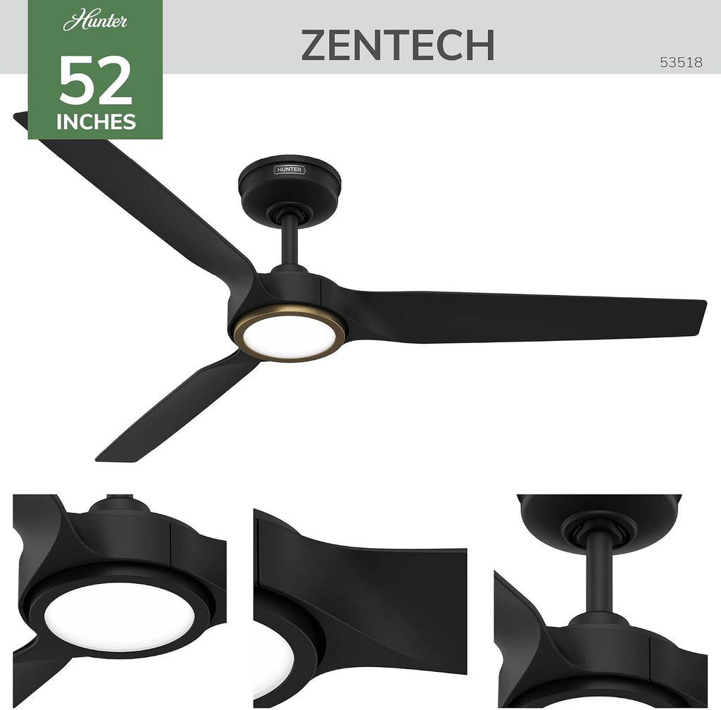Hunter 52' ZenTech Outdoor Smart Ceiling Fan, LED Light, Remote, Black | ENERGY STAR certified with Apple, Google, Alexa support and covered outdoor use for bedrooms, living rooms, or patios.