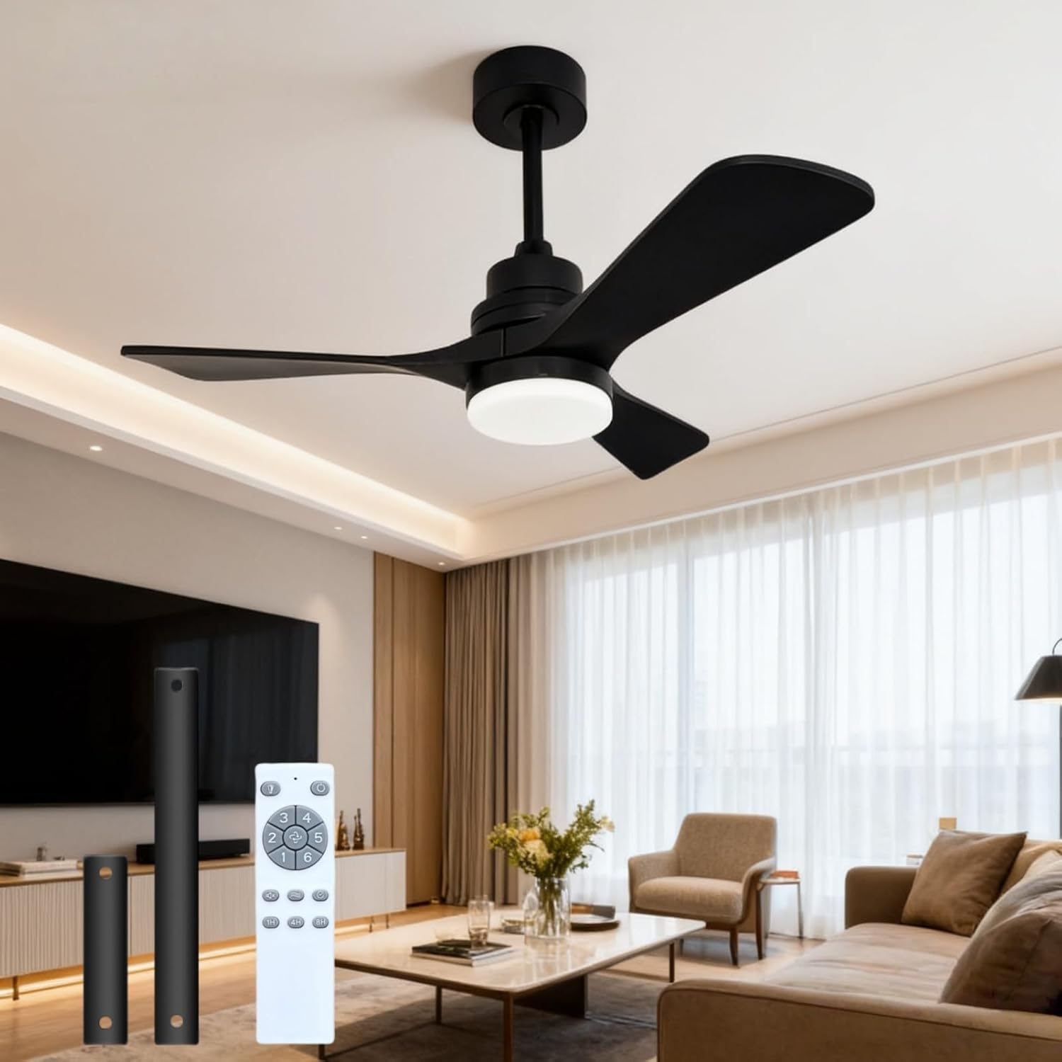 36 inch Ceiling Fan with Light and Remote Control, Reversible DC Motor, Indoor/Outdoor 3 Solid Wood Blades, Modern Ceiling Fan, Suitable for Bedrooms, Living Rooms, Patios, Black