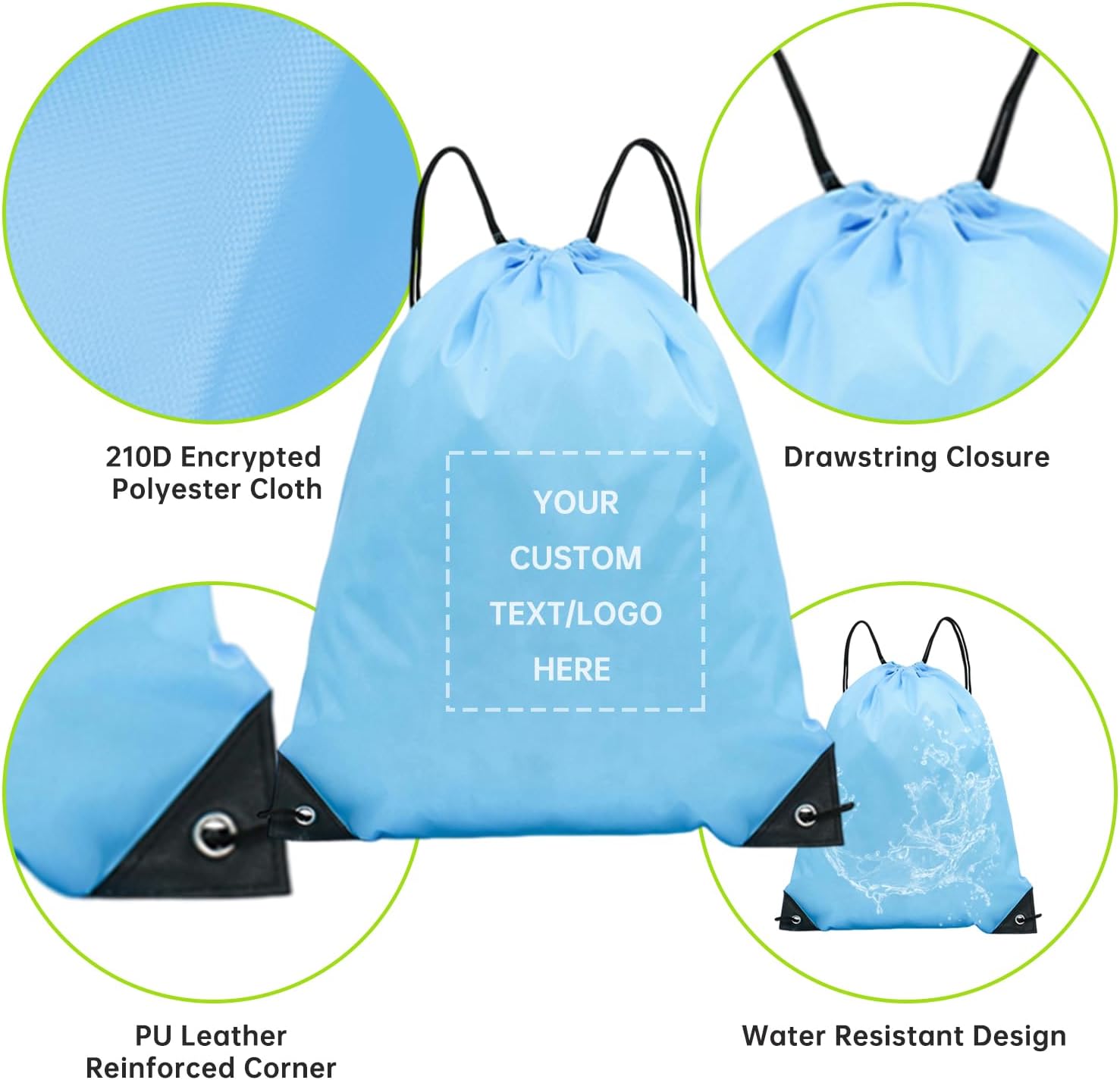 JEOHLORY pack of 100 Custom Bags With Your Logo,customized backpack,promotional items,Drawstring Backpacks,Great for Everyday Use (Custom Sky Blue)