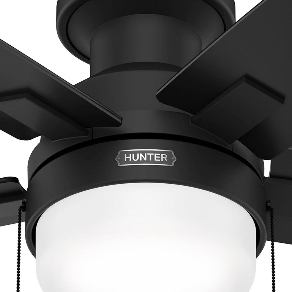 Hunter Fan 52 Inch Matte Black Ceiling Fan with Light and Pull Chain, Low Profile Fan for Bedroom, Living Room, Dining Room, Kitchen, Office (Renewed)
