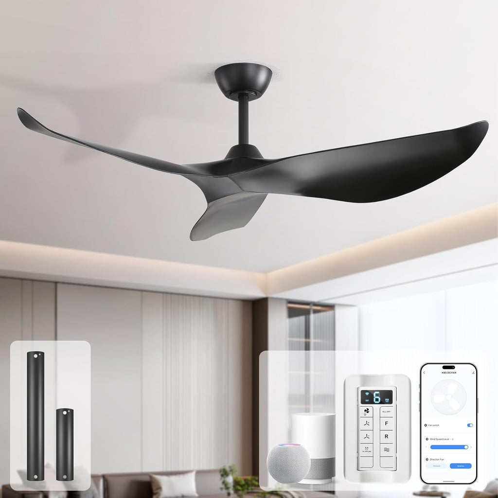 Sofucor 52 Inch Smart Ceiling Fan No Light, Modern Black Ceiling Fan with Remote Control, Reversible DC Motor, 6-Speed Noiseless Indoor Ceiling Fan for Bedroom Living Room Covered Patio Porch