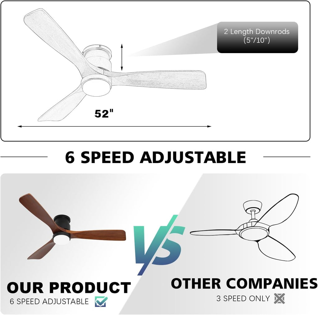 52' Ceiling Fans Flush Mount with Lights and Remote Control, Dark Brown Solid Wood Ceiling Fans for Indoor Outdoor Farmhouse, Timing 6 Speeds 3 Color Light with Memory Lighting