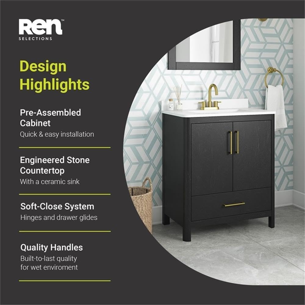 Pemberly Row 30' Matte Black Bathroom Vanity, Freestanding with Engineered Marble Countertop and Backsplash, Single Rectangular Sink, Soft-Close Doors and Drawer, Modern Design, MDF Construction