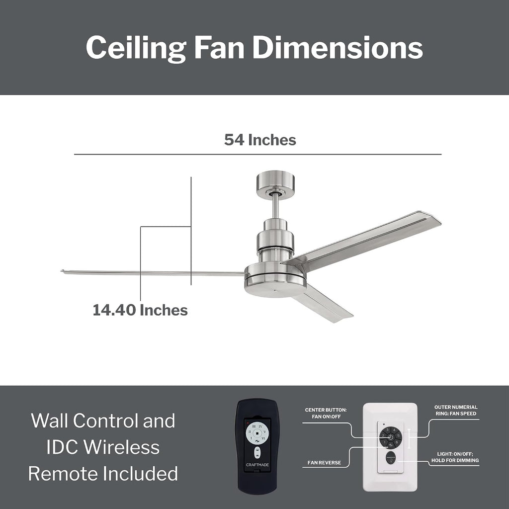 Craftmade MND54BNK3 Mondo 54 Inch 3 Blade Ceiling Fan | Brushed Polished Nickel Finish/Brushed Polished Nickel Aluminum Blades | IDC Wall Control and Remote Control | DC Motor Indoor Ceiling Fan