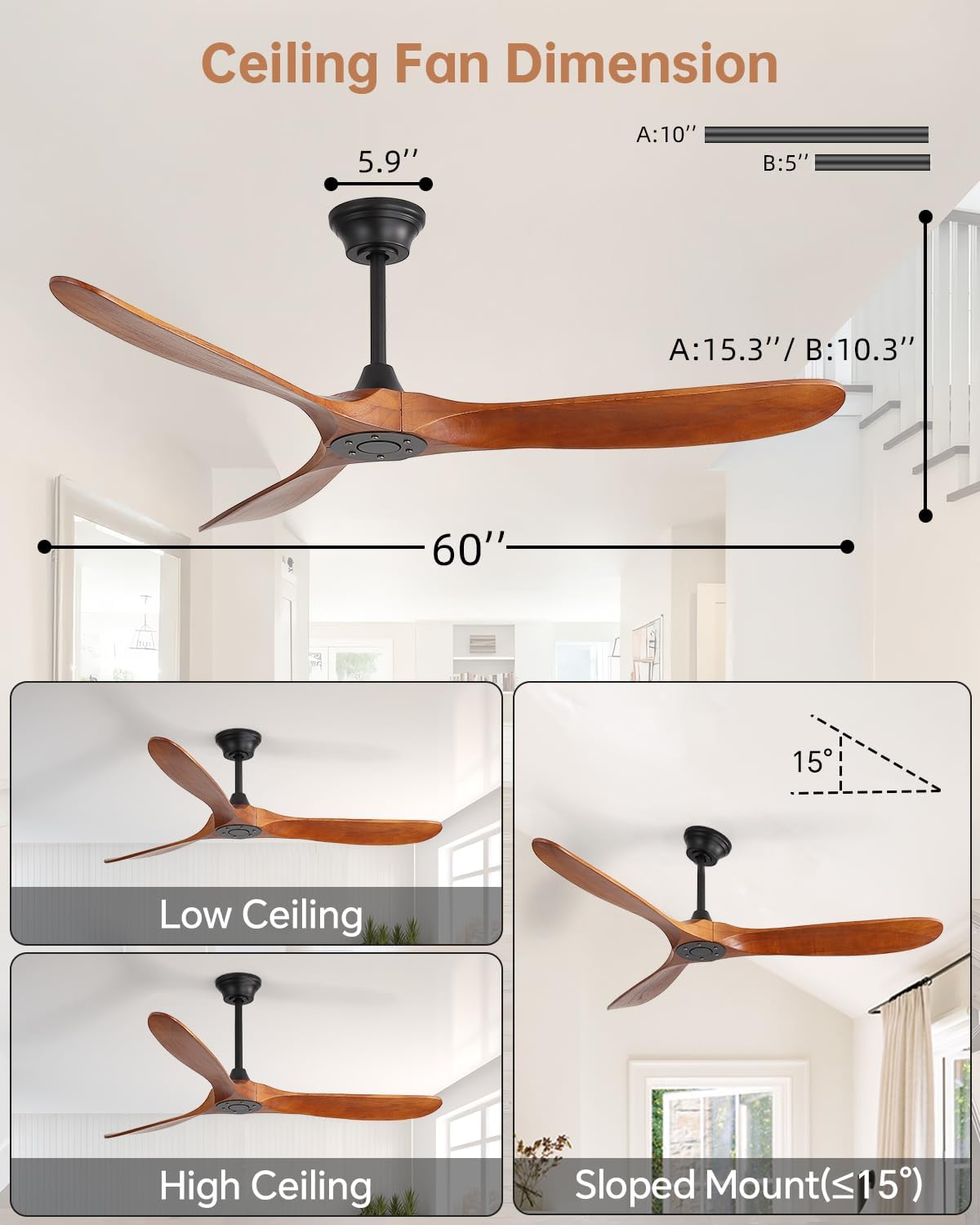 Sofucor 60 Inch Ceiling Fans No Light-Outdoor Ceiling Fan with Remote Control, Quiet DC Motor, 3 Blades Modern Solid Wood Ceiling Fan Without Light for Indoor Bedroom Living Room Patios Farmhouse