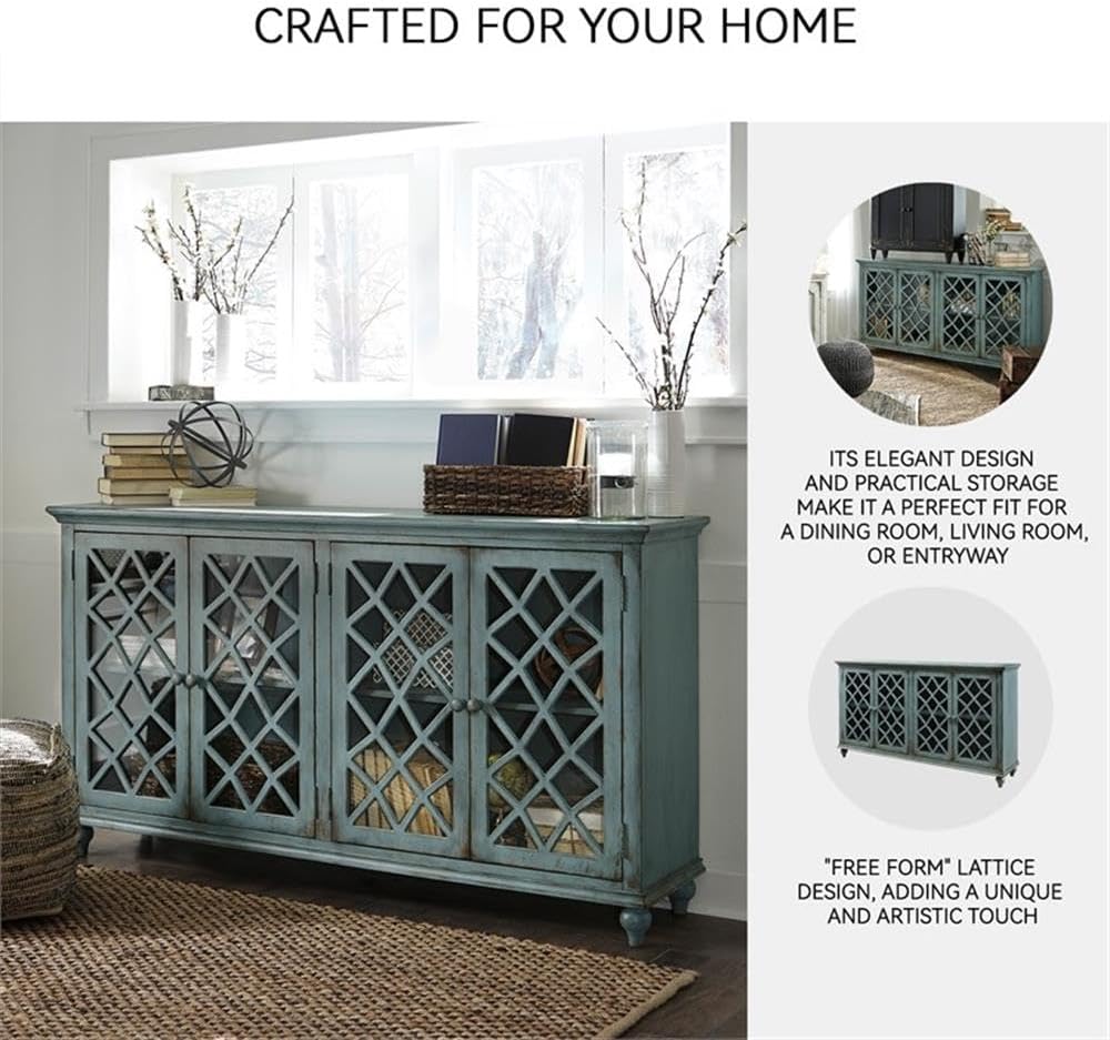 Signature Design by Ashley Mirimyn Vintage 69' 4-Door Accent Cabinet with Mirrored Glass and 2 Adjustable Shelves, Antique Blue