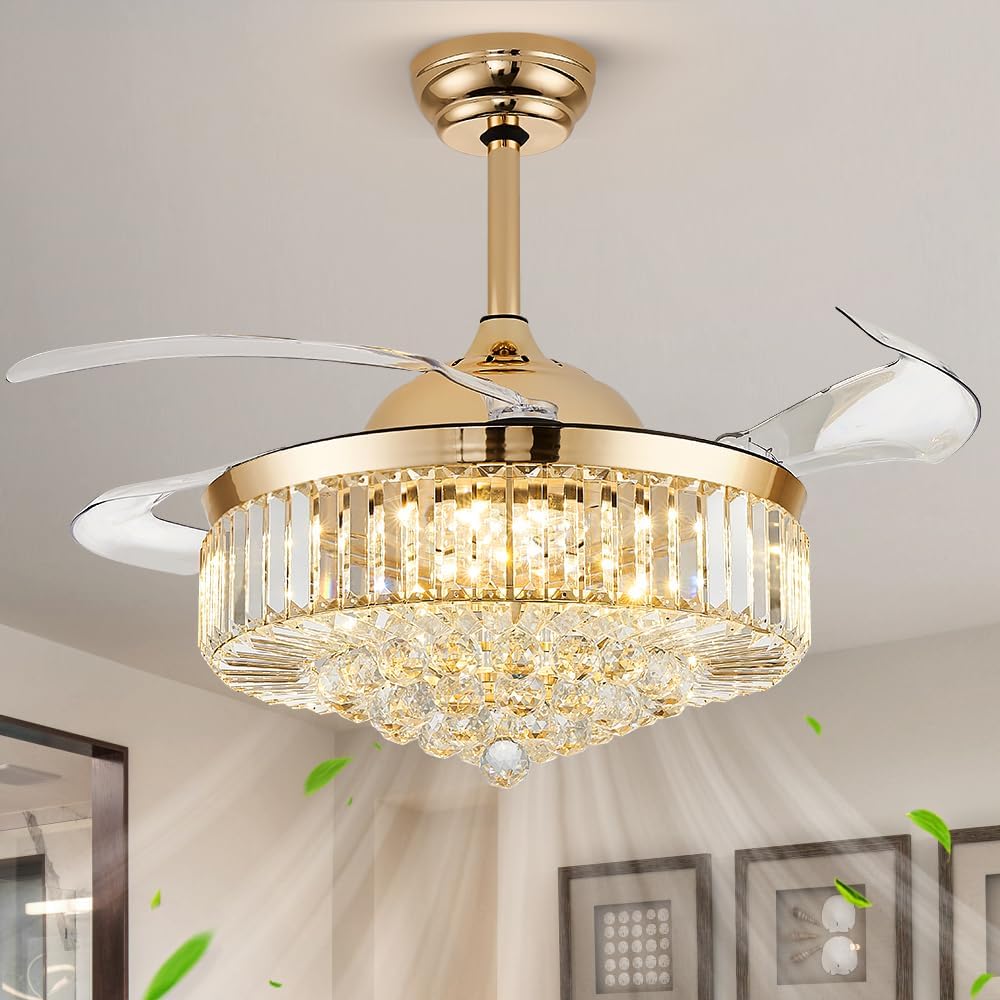 FIDGRA 42'' Fandelier Ceiling Fan with Light, Retractable Chandelier Fan, 3 Color Temperature, LED Dimmable, 6 Wind Speed, Crystal Ceiling Fan for Bedroom Living Room Dining Room-Gold