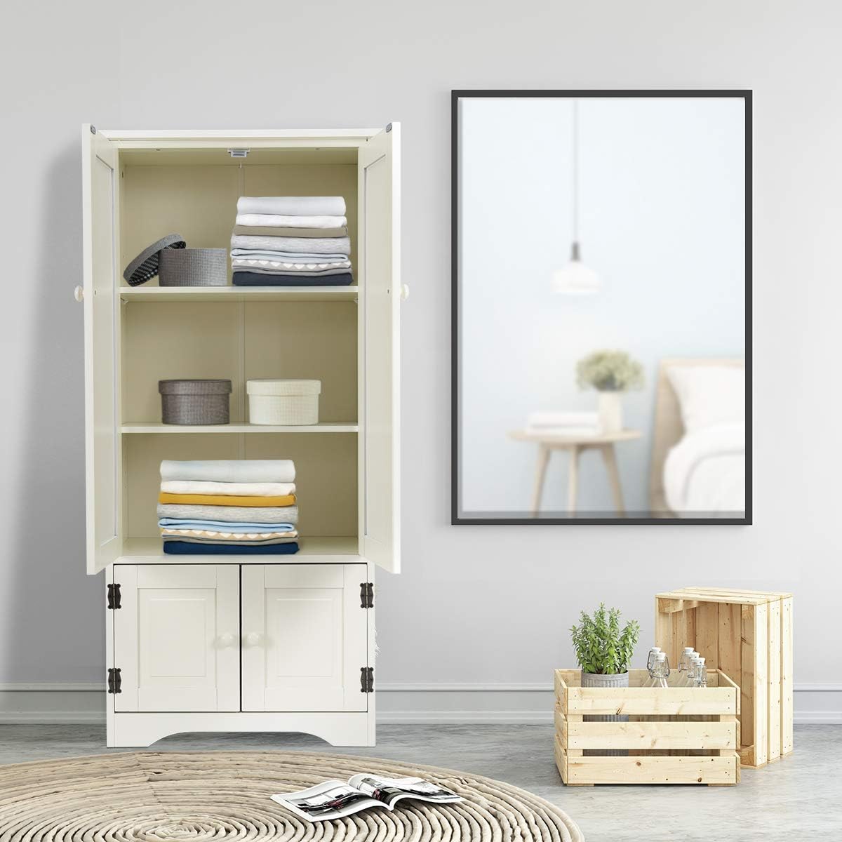 Giantex Accent Floor Storage Cabinet Adjustable Shelves Antique 2-Door Low Floor Cabinet Pantry 24' Lx13 Wx49 H (Cream White)