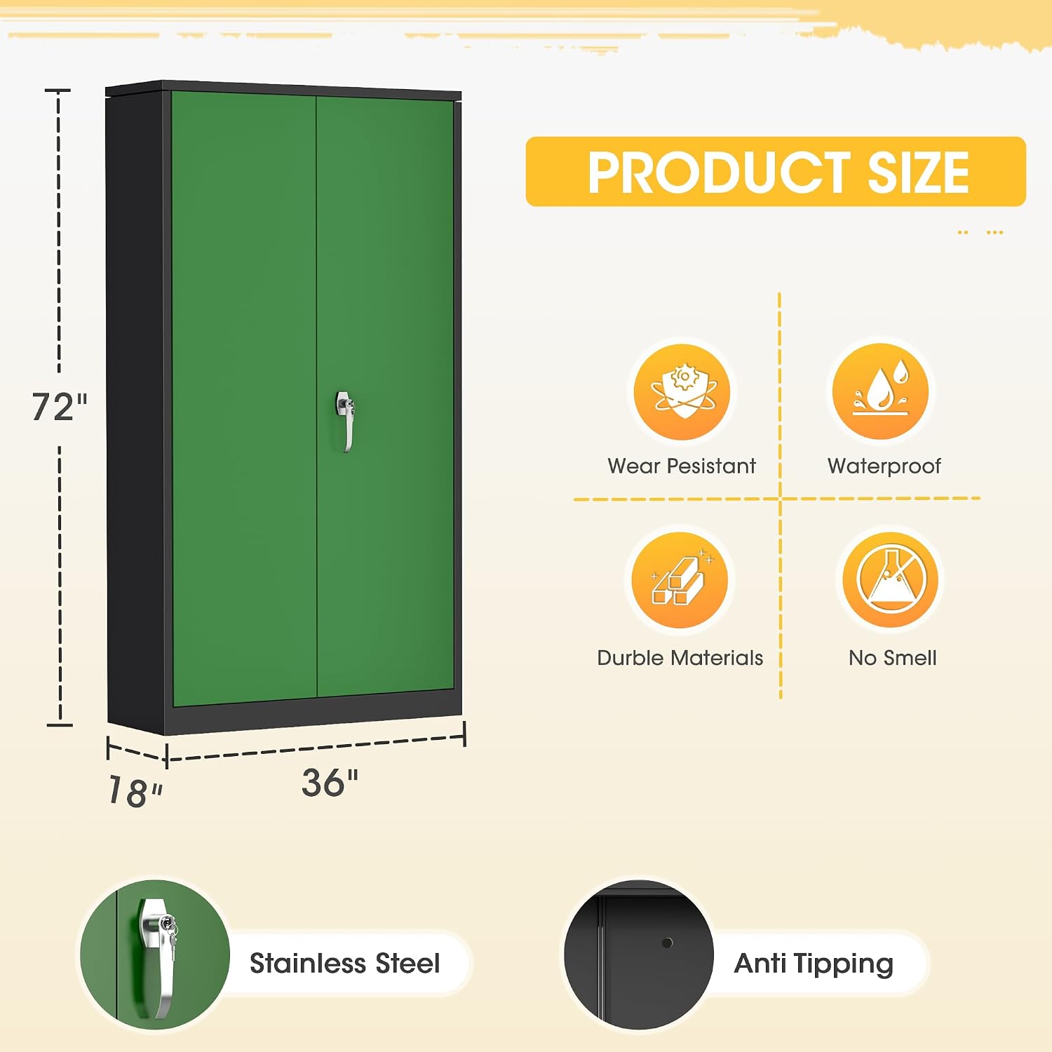 Greenvelly 72' H Metal Garage Storage Cabinet with 2 Doors and 4 Adjustable Shelves, Black Green Metal Cabinet with Lock for Office,Home, Garage, Gym, School
