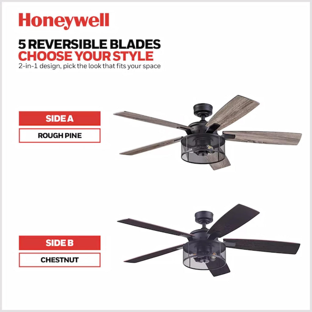 Honeywell Ceiling Fans Carnegie, 52 Inch Industrial LED Ceiling Fan with Light and Remote Control, Dual Mounting Options, Dual Finish Blades, Reversible Motor - 51928-01 - (Matte Black)