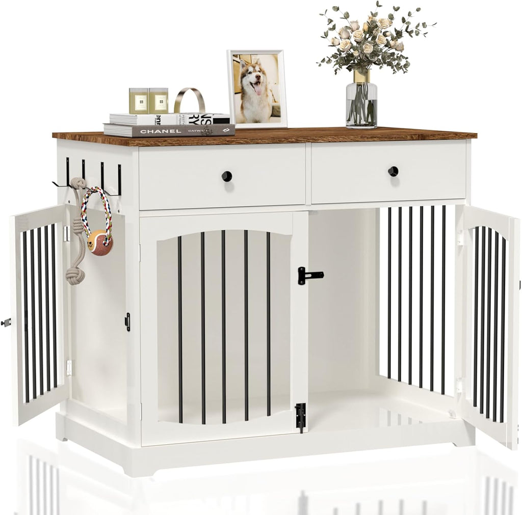 BREEZEHEAT 40 inch Dog Crate Furniture-Farmhouse Dog Kennel with Drawers-End Table Wooden Pet Crate, Double Door Design, Decorative Dog House Indoor for Small Medium Large Dog,Brwon