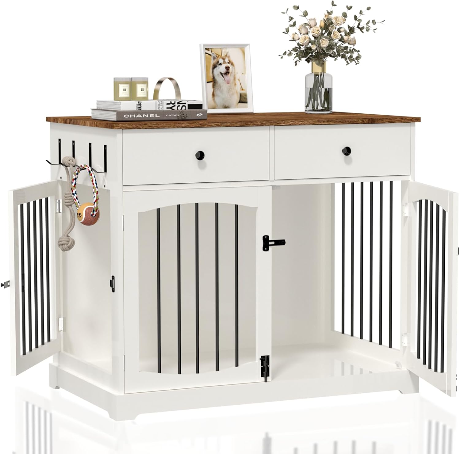 BREEZEHEAT 40 inch Dog Crate Furniture-Farmhouse Dog Kennel with Drawers-End Table Wooden Pet Crate, Double Door Design, Decorative Dog House Indoor for Small Medium Large Dog,Brwon