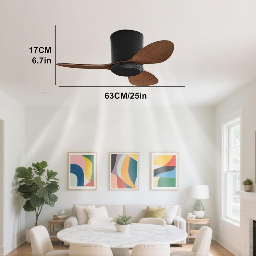 Flush Mount Ceiling Fan No Light Modern Small Ceiling Fans Remote Control 6 Speeds 25 Inch Ceiling Fan Without Lights Quiet DC Motor, 3 Blades For Restaurant Bedroom Patio Indoor