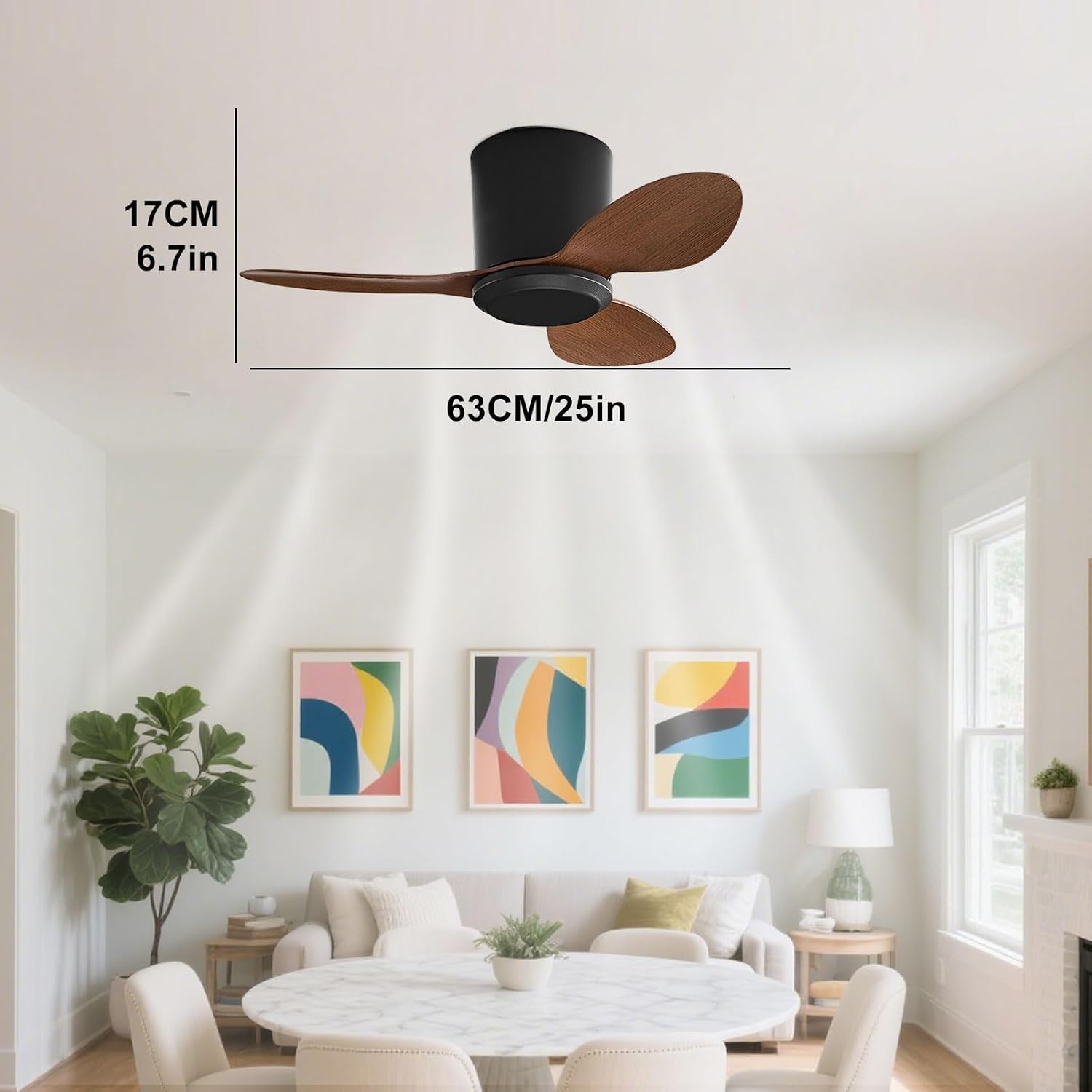 Flush Mount Ceiling Fan No Light Modern Small Ceiling Fans Remote Control 6 Speeds 25 Inch Ceiling Fan Without Lights Quiet DC Motor, 3 Blades For Restaurant Bedroom Patio Indoor