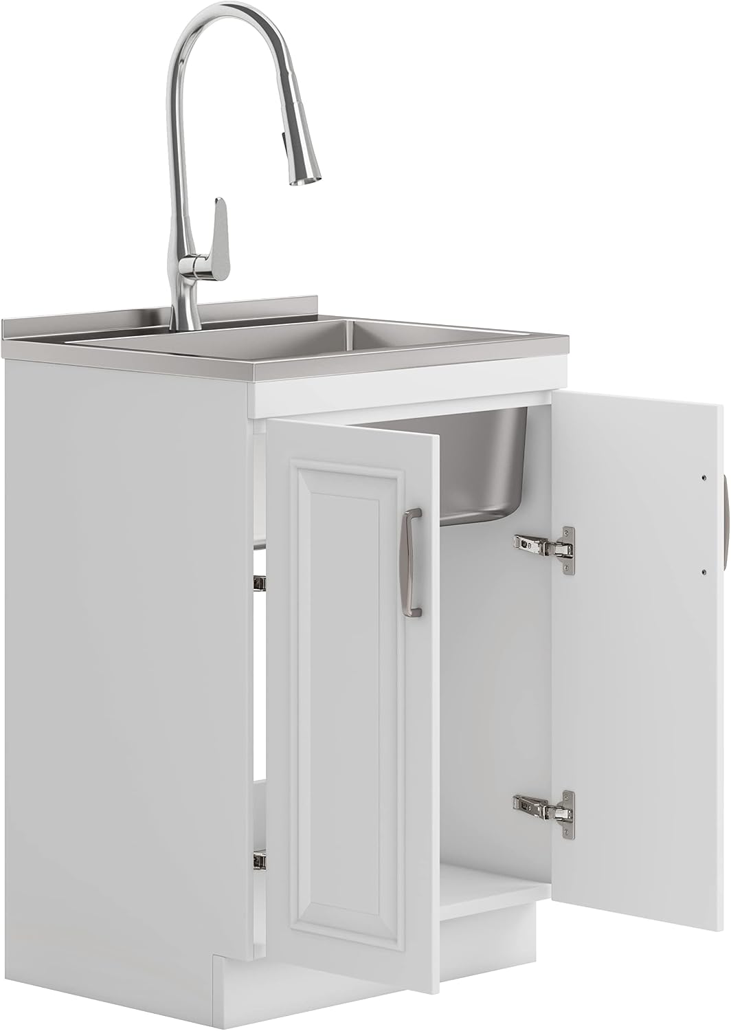SIMPLIHOME Darwin All-in-One 24 inch Wide Utility Sink and Laundry Cabinet in Pure White Finish, Transitional Stainless Steel Sink Cabinet for Laundry Rooms with High-Arch Chrome Faucet and Storage