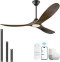 52 Inch Smart Ceiling Fan with Lights, Outdoor Ceiling Fans for Patios Damp Rated, 3 Blades Propeller Walnut Wood Farmhouse Ceiling Fan, Large Airflow DC Ceiling Fan with Remote/ APP/ Alexa Control