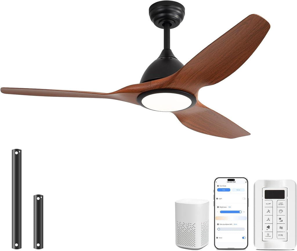 Sofucor 52 Inch Smart Ceiling Fan with Light, Modern Ceiling Fan with 3 Plastic Blade, Quiet, Dimmable, Compatible with Alexa/Google/App, 6 Speeds 7000CFM, Timer Quiet Reversible DC Motor, ETL, Brown