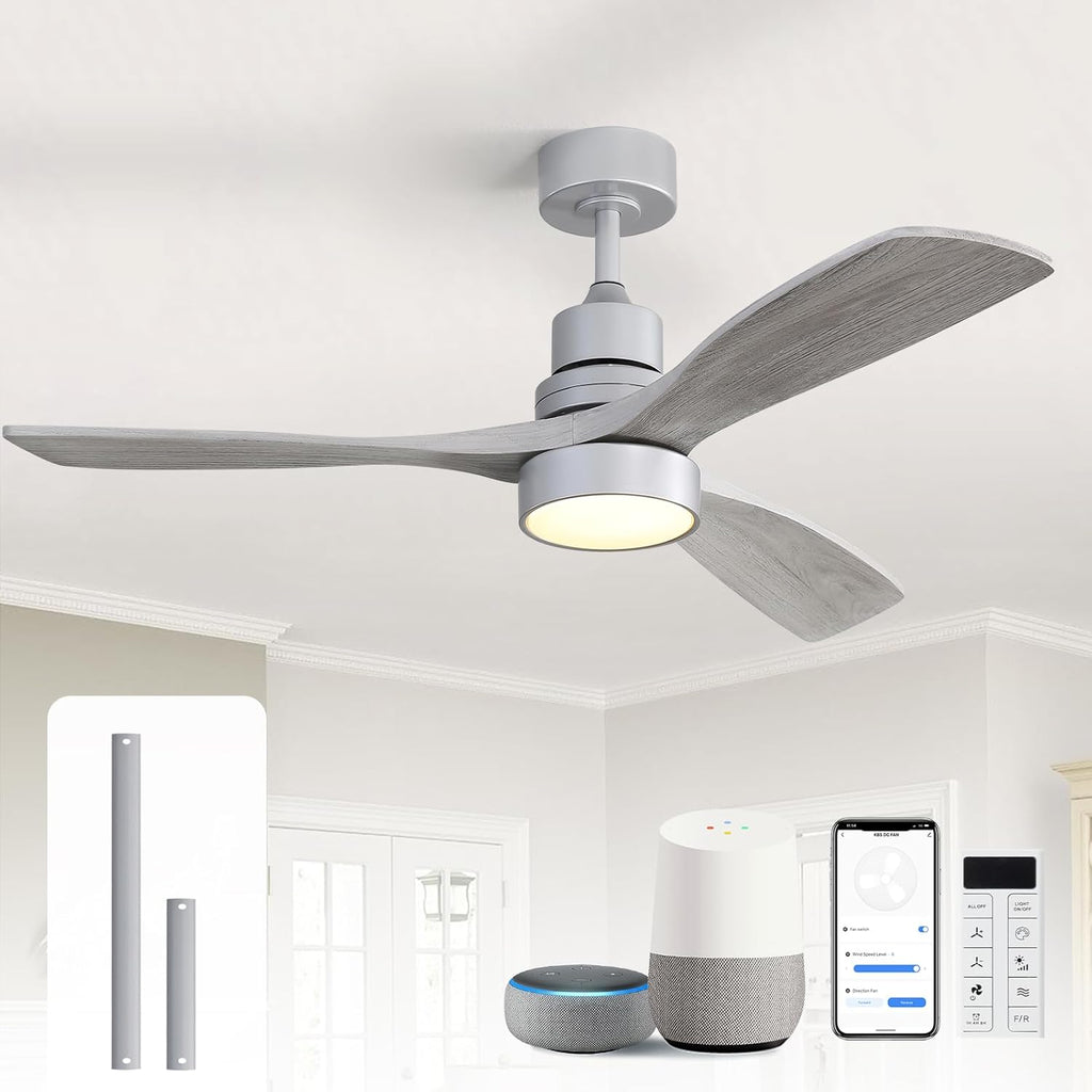 Sofucor 52 Inch Smart Ceiling Fans with Lights and Alexa/Google Assistant/APP/Remote Control-Modern Solid Wood Outdoor 3 Blades Ceiling Fan for Bedroom Living Room Indoor Farmhouse Patio, Silver Grey