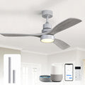 Sofucor 52 Inch Smart Ceiling Fans with Lights and Alexa/Google Assistant/APP/Remote Control-Modern Solid Wood Outdoor 3 Blades Ceiling Fan for Bedroom Living Room Indoor Farmhouse Patio, Silver Grey