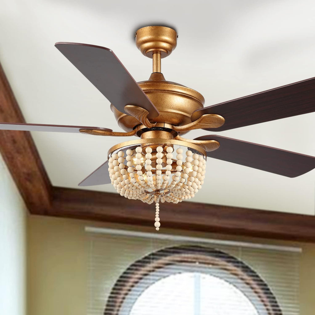 JONATHAN Y 52' Antique Gold 3-Light LED Ceiling Fan with Remote and App Control, Bohemian Farmhouse Chandelier, Light Brown Wood Bead Shade, Reversible Wood Blades JYL9618A