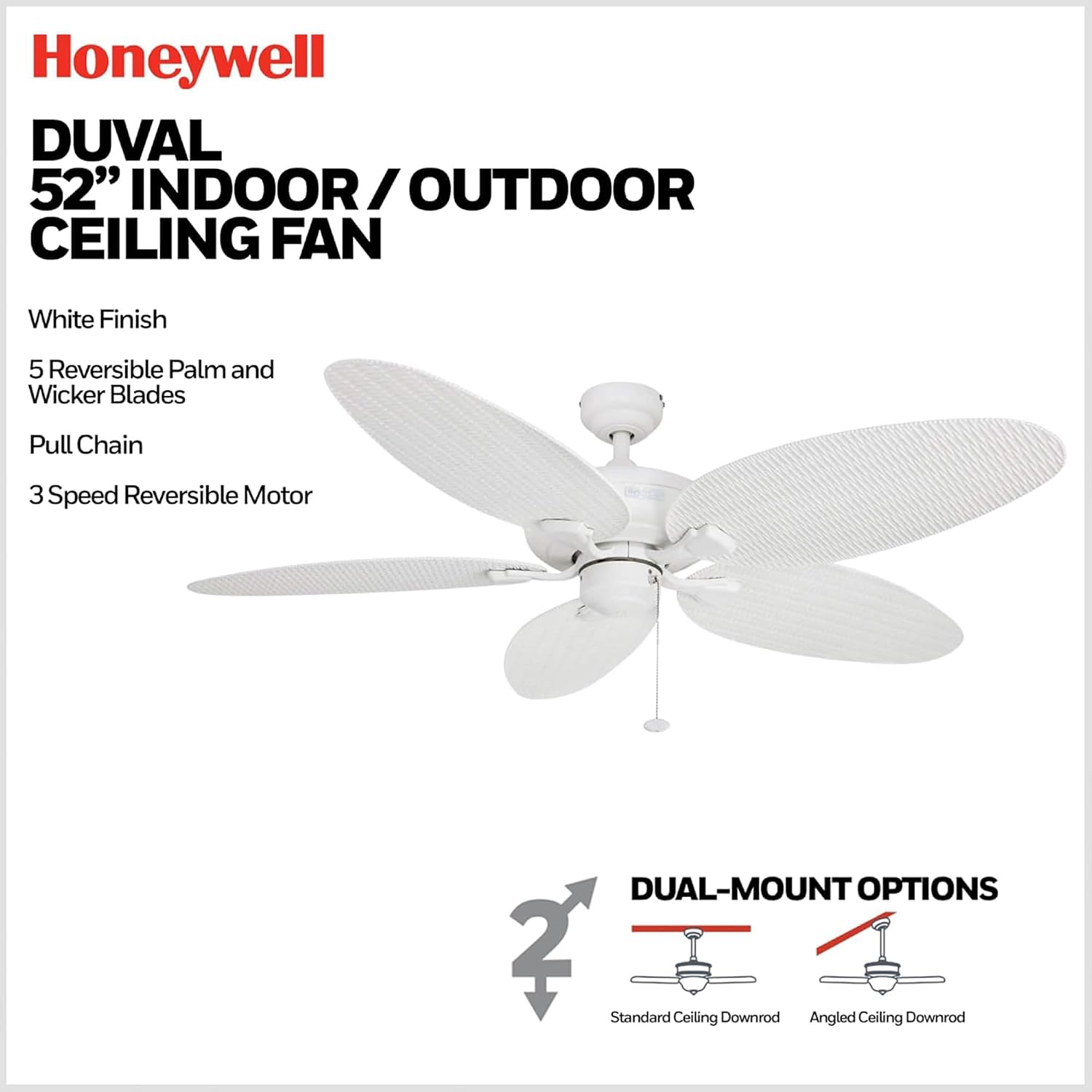 Honeywell Duval 52' Tropical Indoor Outdoor Ceiling Fan, 5 Blades, White