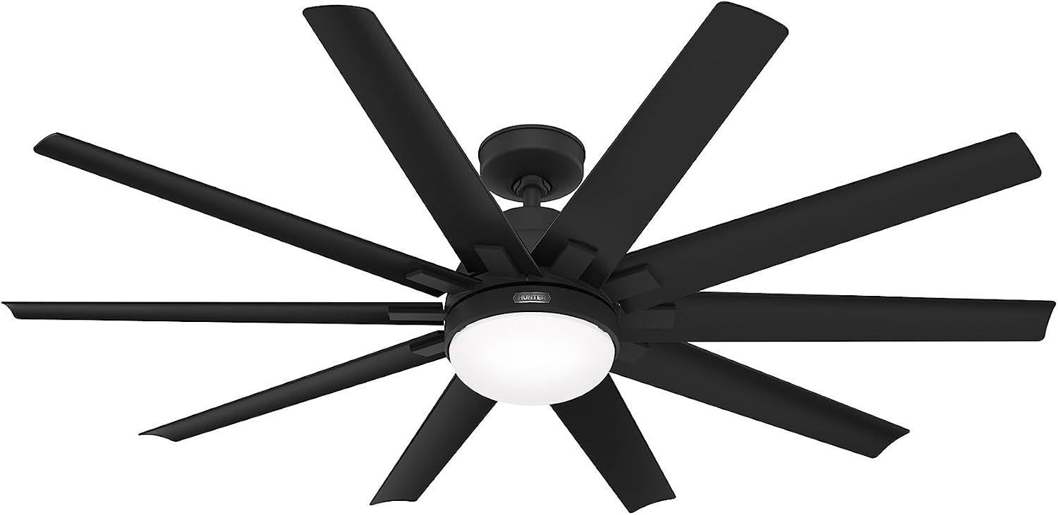 Hunter 60 inch Outdoor or Indoor Ceiling Fan with LED Light - Black Ceiling Fan with Wall Control, For Patio, Garage, or Porch, Quiet, Standard Mount, 10 Blades - Overton 52615, Matte Black