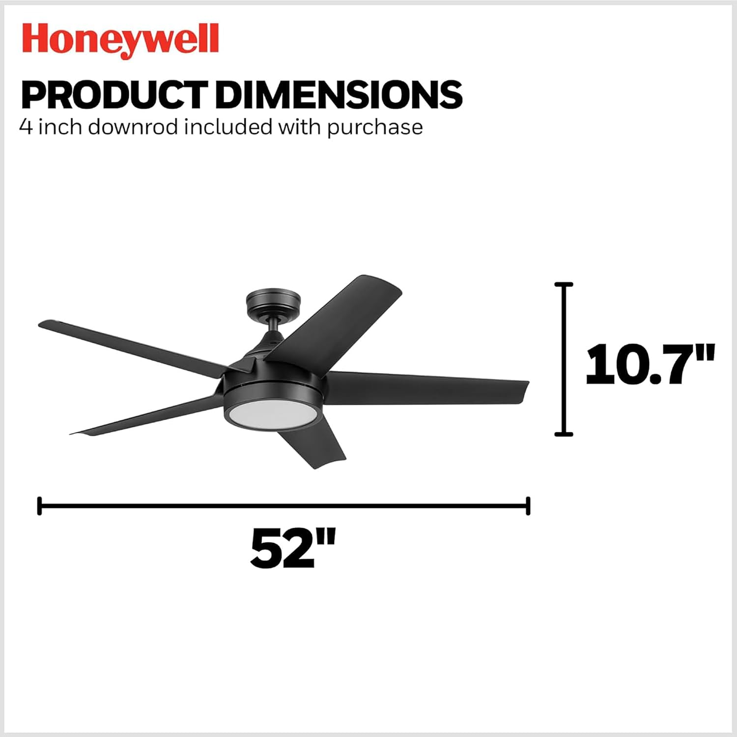 Honeywell Byard 52 Inch Indoor and Outdoor Ceiling Fan with Color Changing LED Light and Remote Control, 5 Blades, Matte Black