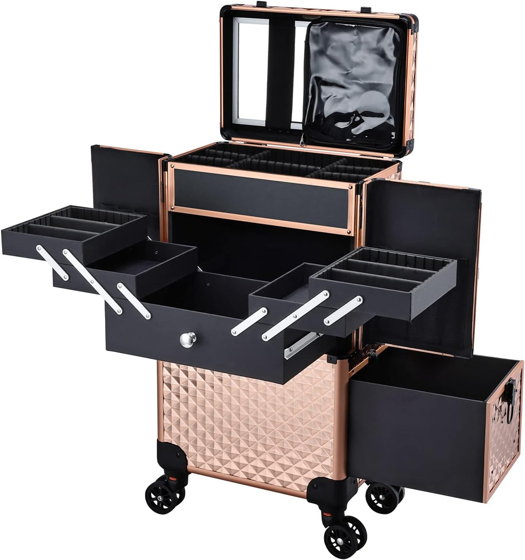 Professional Makeup Artist Rolling Train Case Multi-functional Cosmetic Train Case Large Trolley Storage Case for Nail Technicians Cosmetology Case for Hairstylist Rose Gold