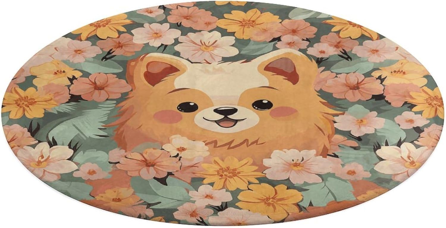 Pomeranians Cartoon Flowers Coral Velvet Round Floor Mat Non-Slip Bath Rug Floor Covering for Bathroom Vanity Guest Suite & Vacation Home