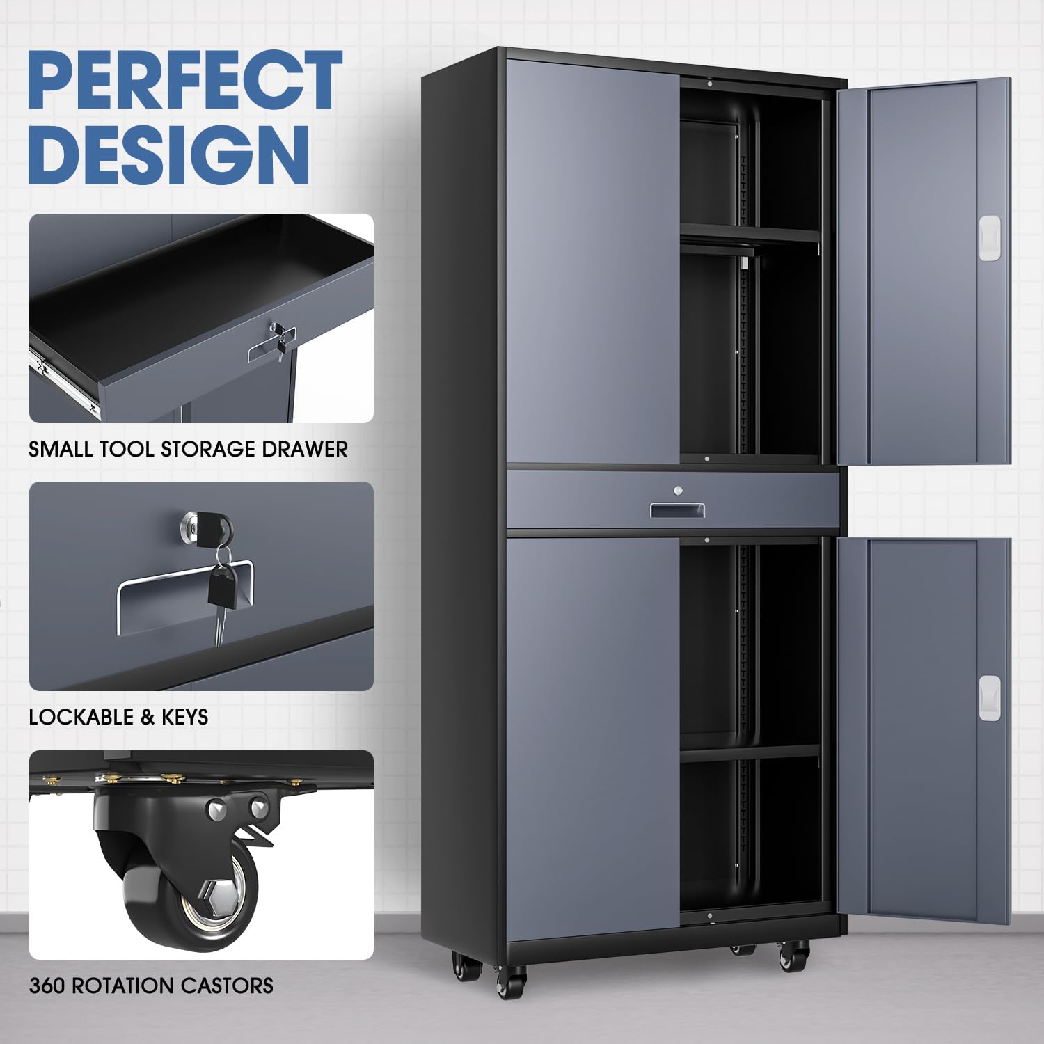 DNA Motoring Metal Storage Cabinet, 73'' Rolling Garage Cabinet with 1 Drawer and Adjustable Shelves, Lockable Cabinet Heavy Duty Utility Cabinet for Garage,Office,Home,Gray Black, TOOLS-00630-GY-BK