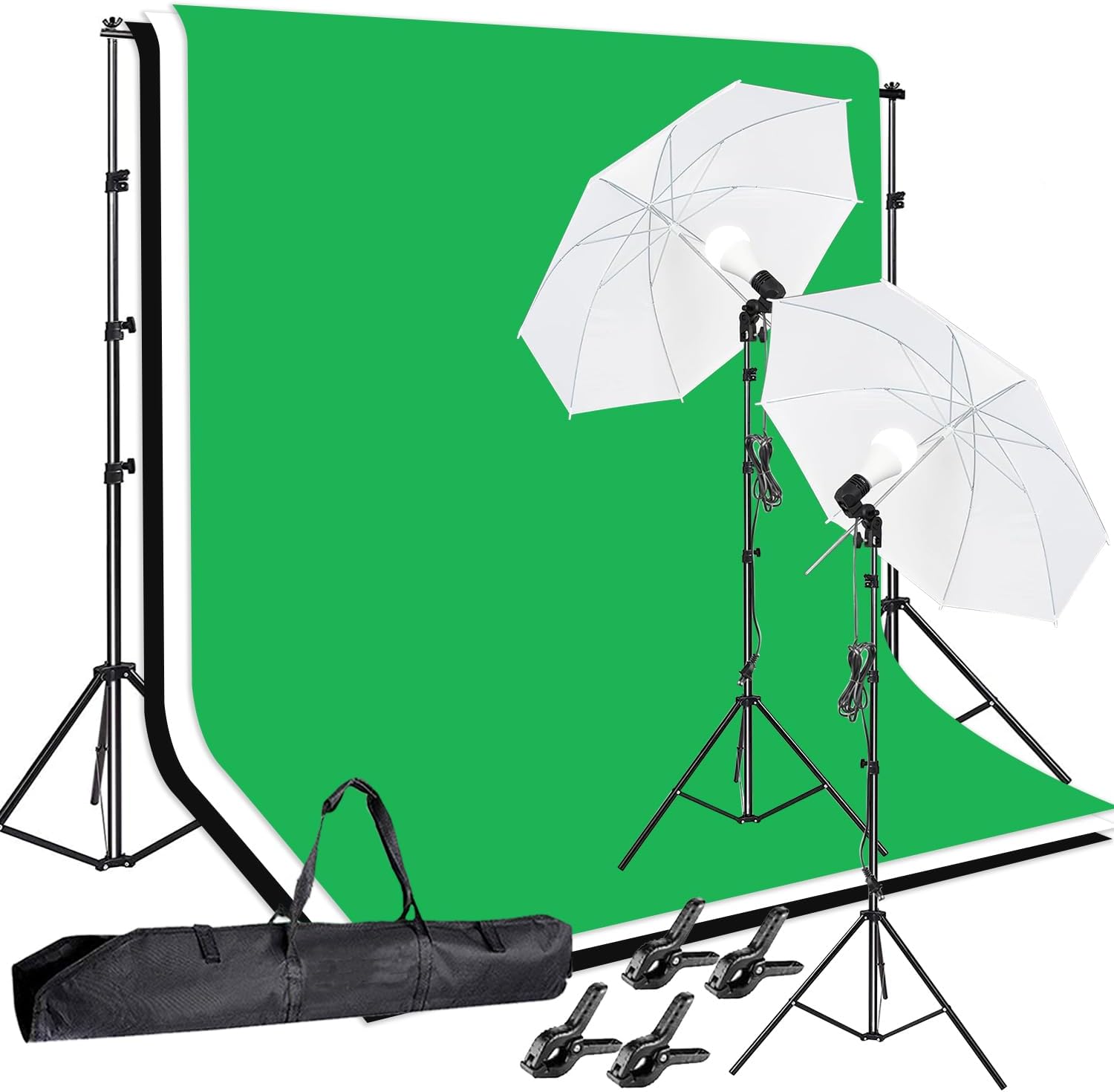 Photo Video Studio 10 x 8.5ft Stand with Muslin Backdrop (Green /White /Black) & 85W 5500K Led Bulb & Umbrella Lighting Kit Photography Background Support System Kit,Clamp, Carry Bag