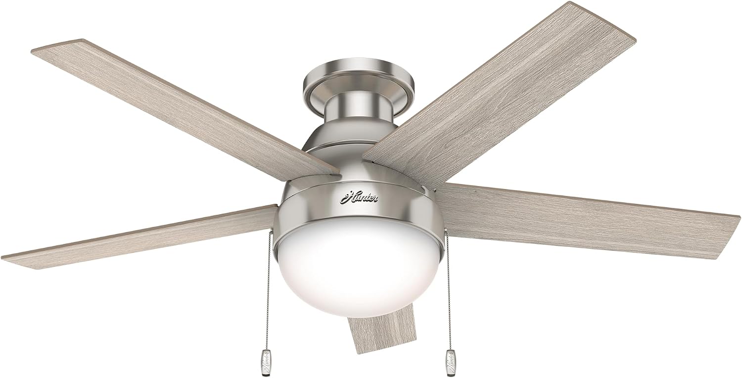 Hunter 46 inch Indoor Ceiling Fan with LED Light - Ceiling Fan with Pull Chain, for Bedroom, Living Room, or Kitchen, Low Profile Mount, No Remote, 5 Blades - Anslee 50278, Brushed Nickel