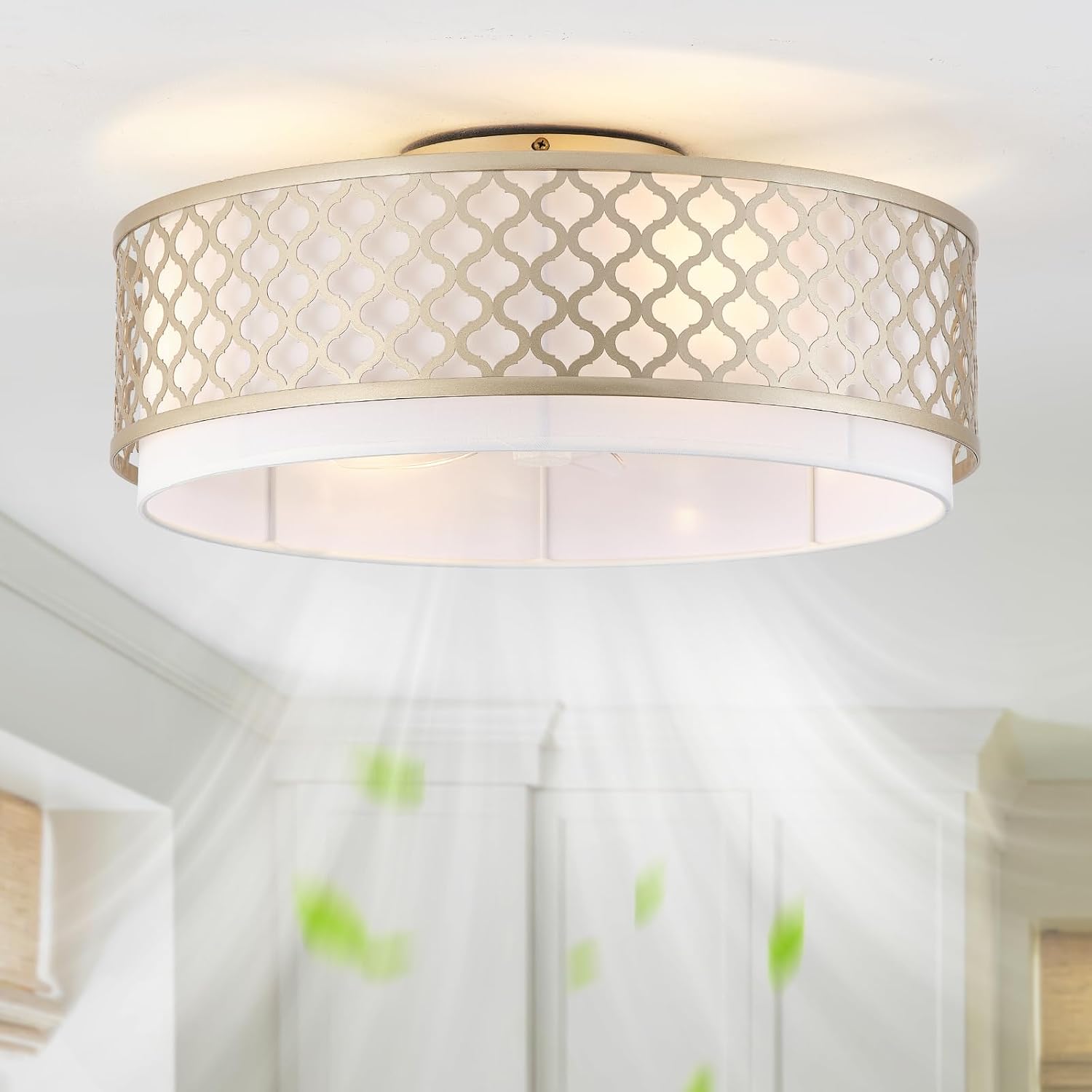 20' Gold Flush Mount Ceiling Fan with Light, Boho Ceiling Fans with Lights, Enclosed with Remote Control 6 Speeds for Living Room, Bedroom, Nursery