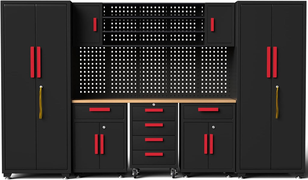Garage Storage Cabinet System, 9-Pcs Workshop Cabinet Set in Black, Included Steel Cabinets Drawers Rolling Chest and Pegboard,Locked Garage Storage Cabinet,Red Handle