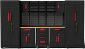 Garage Storage Cabinet System, 9-Pcs Workshop Cabinet Set in Black, Included Steel Cabinets Drawers Rolling Chest and Pegboard,Locked Garage Storage Cabinet,Red Handle