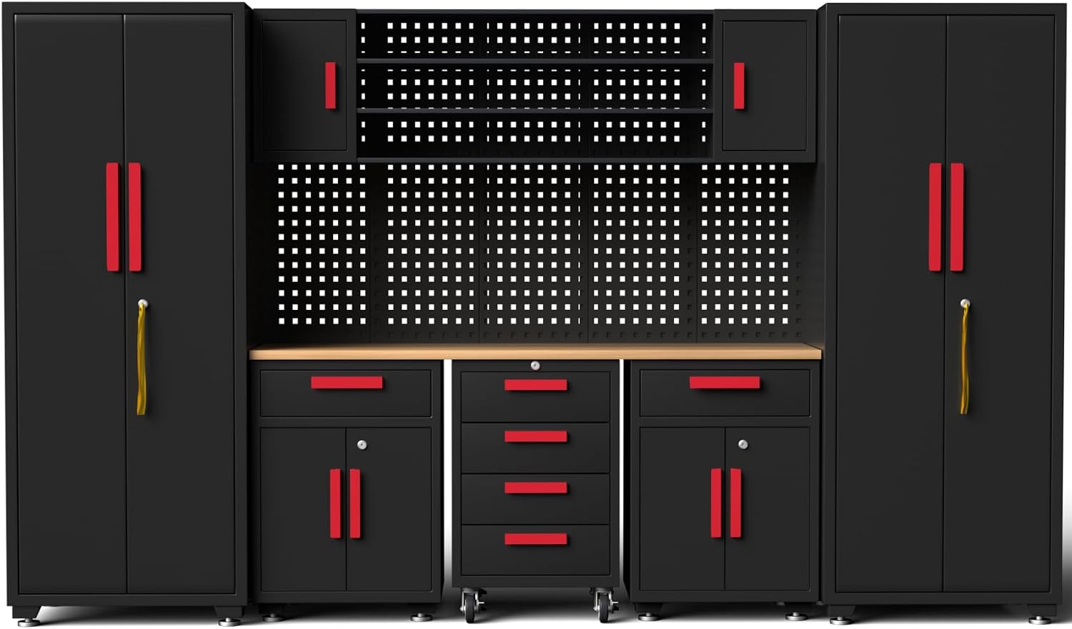 Garage Storage Cabinet System, 9-Pcs Workshop Cabinet Set in Black, Included Steel Cabinets Drawers Rolling Chest and Pegboard,Locked Garage Storage Cabinet,Red Handle