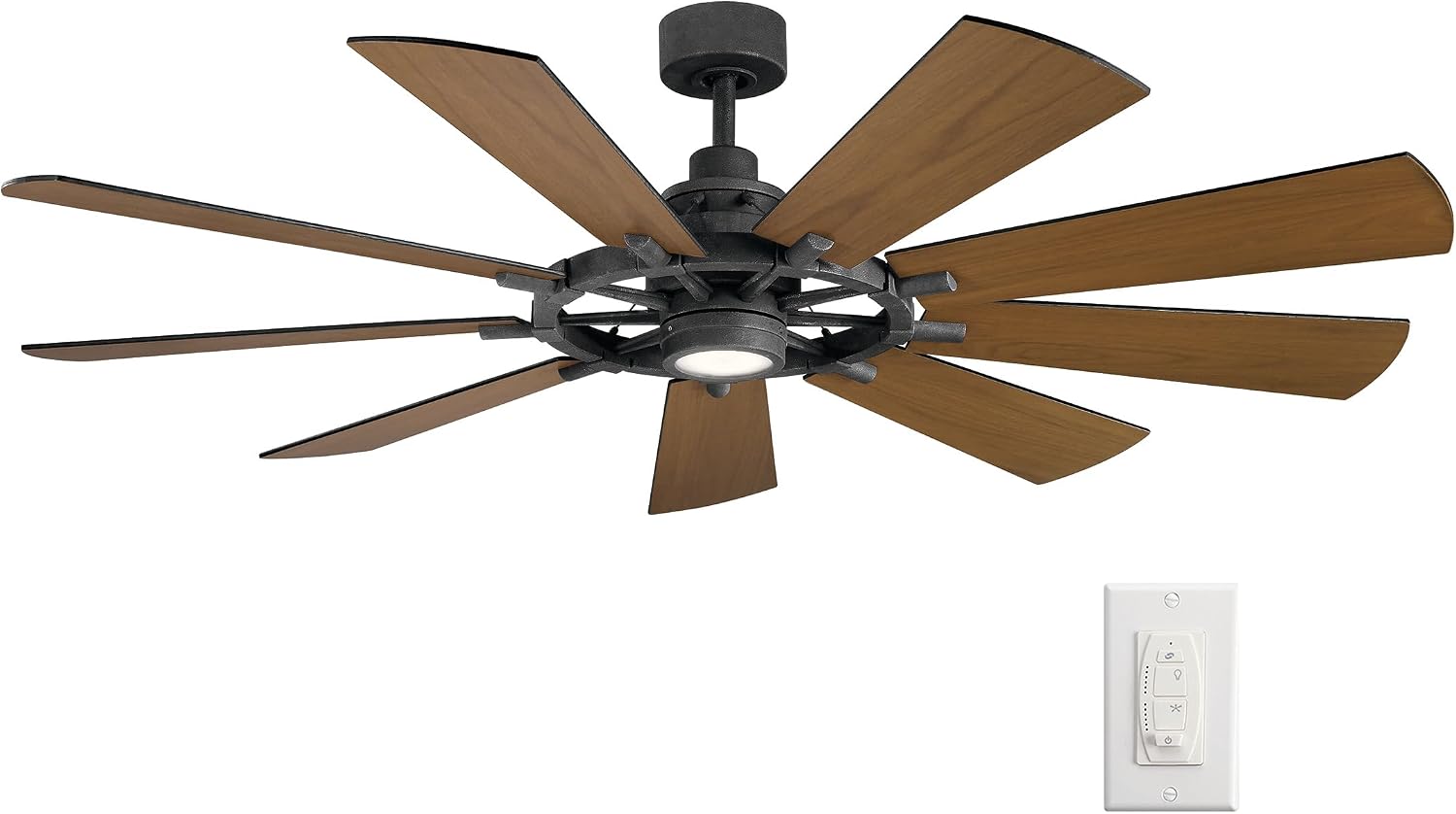 Kichler Gentry XL 65' Ceiling Fan with Lights, 1-Light LED, 3000K, 9-Blade Modern Rustic Fan for Bedroom in Distressed Black, (65' W x 16.5' H), 300265DBK