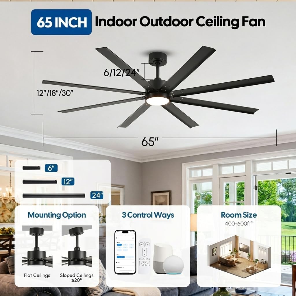 65 Inch Wet Rated Outdoor Smart Ceiling Fan with Light, All Weather IP Waterproof Fan, 9504 CFM High Airflow, 8 Black Aluminum Blades (Rust-Proof), Alexa/App Control for Large Patio, Pergola & Garage