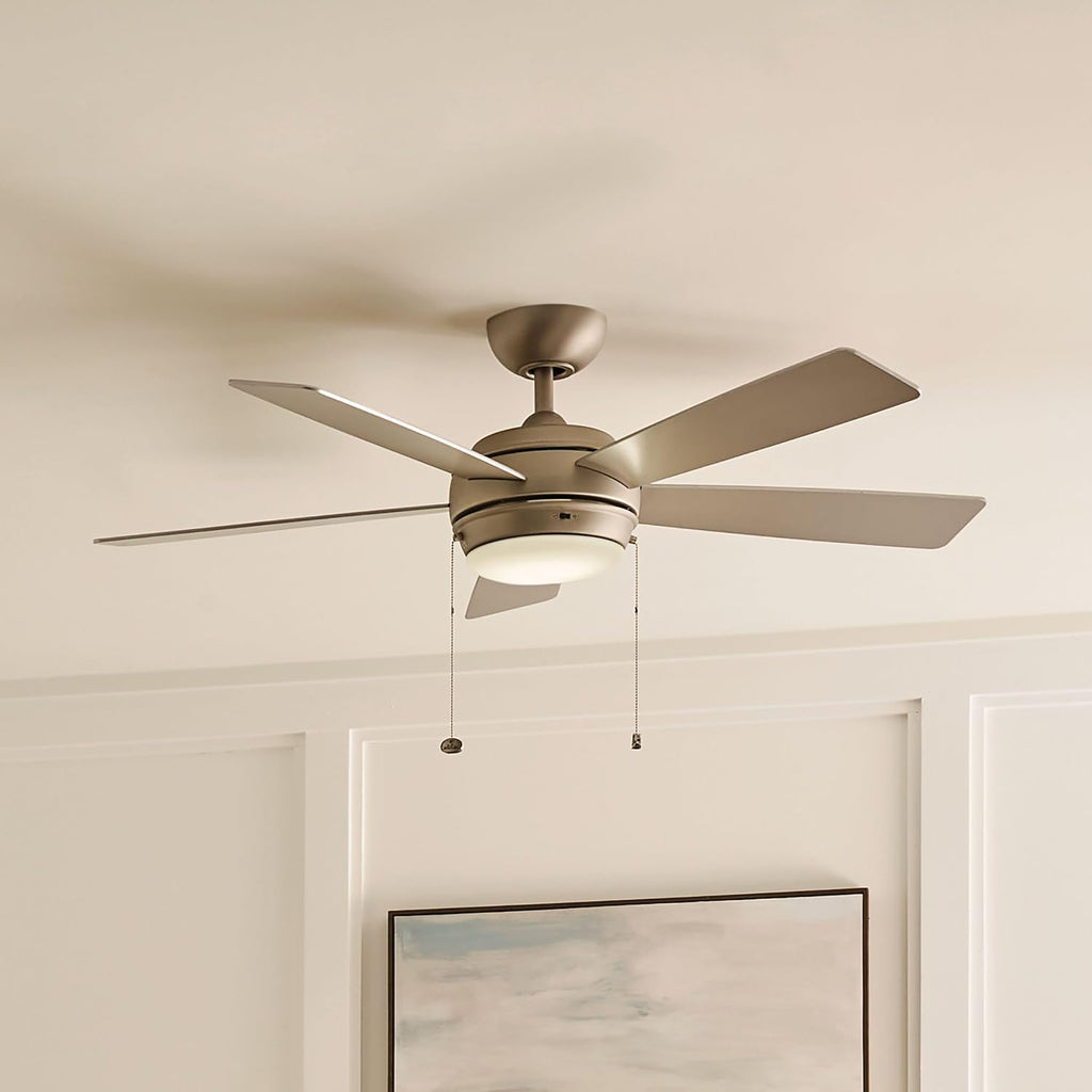 Kichler Starkk 52' Ceiling Fan with LED Lights in Brushed Nickel, 5-Blade Traditional Fan with reversible Silver/Walnut blades, 3000K, (52' W x 13.75' H), 330174NI