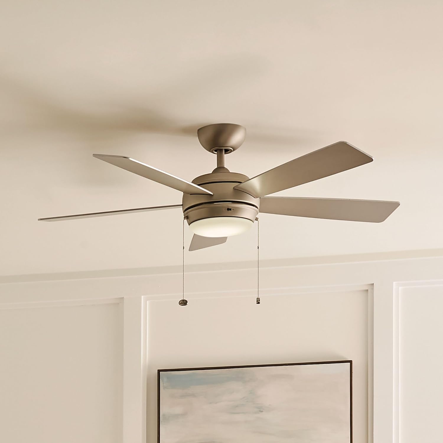 Kichler Starkk 52' Ceiling Fan with LED Lights in Brushed Nickel, 5-Blade Traditional Fan with reversible Silver/Walnut blades, 3000K, (52' W x 13.75' H), 330174NI