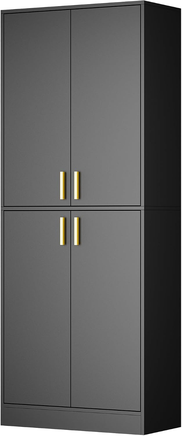 Cozy Castle Kitchen Pantry Cabinet, 71' Tall Wood Storage Cabinet with Doors and Shelves 4 Doors Freestanding Cupboard for Dining Room Living Room Furniture, Black | Wood Storage Cabinet