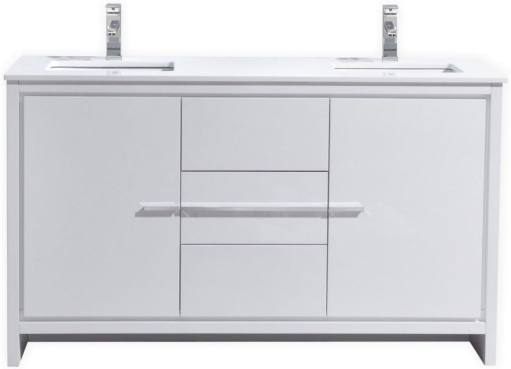 KubeBath Dolce 60 in. Freestanding Double Sink Modern Bathroom Vanity with White Quartz Countertop and Cabinet Color Options
