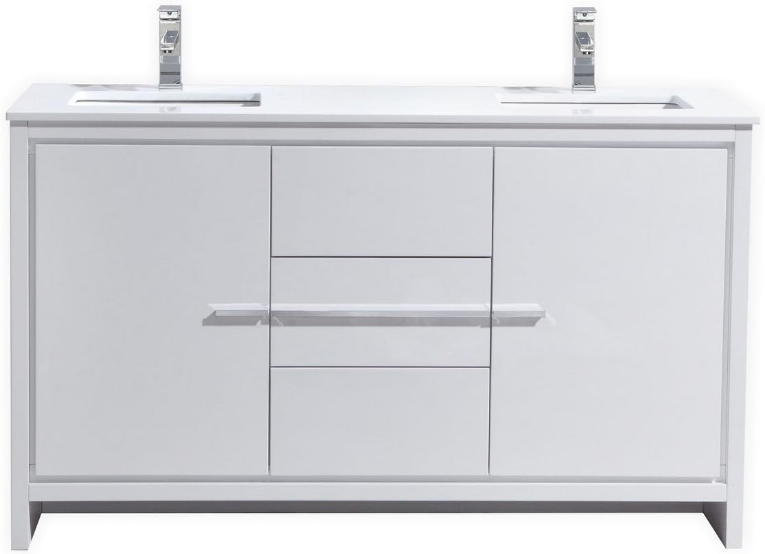KubeBath Dolce 60 in. Freestanding Double Sink Modern Bathroom Vanity with White Quartz Countertop and Cabinet Color Options