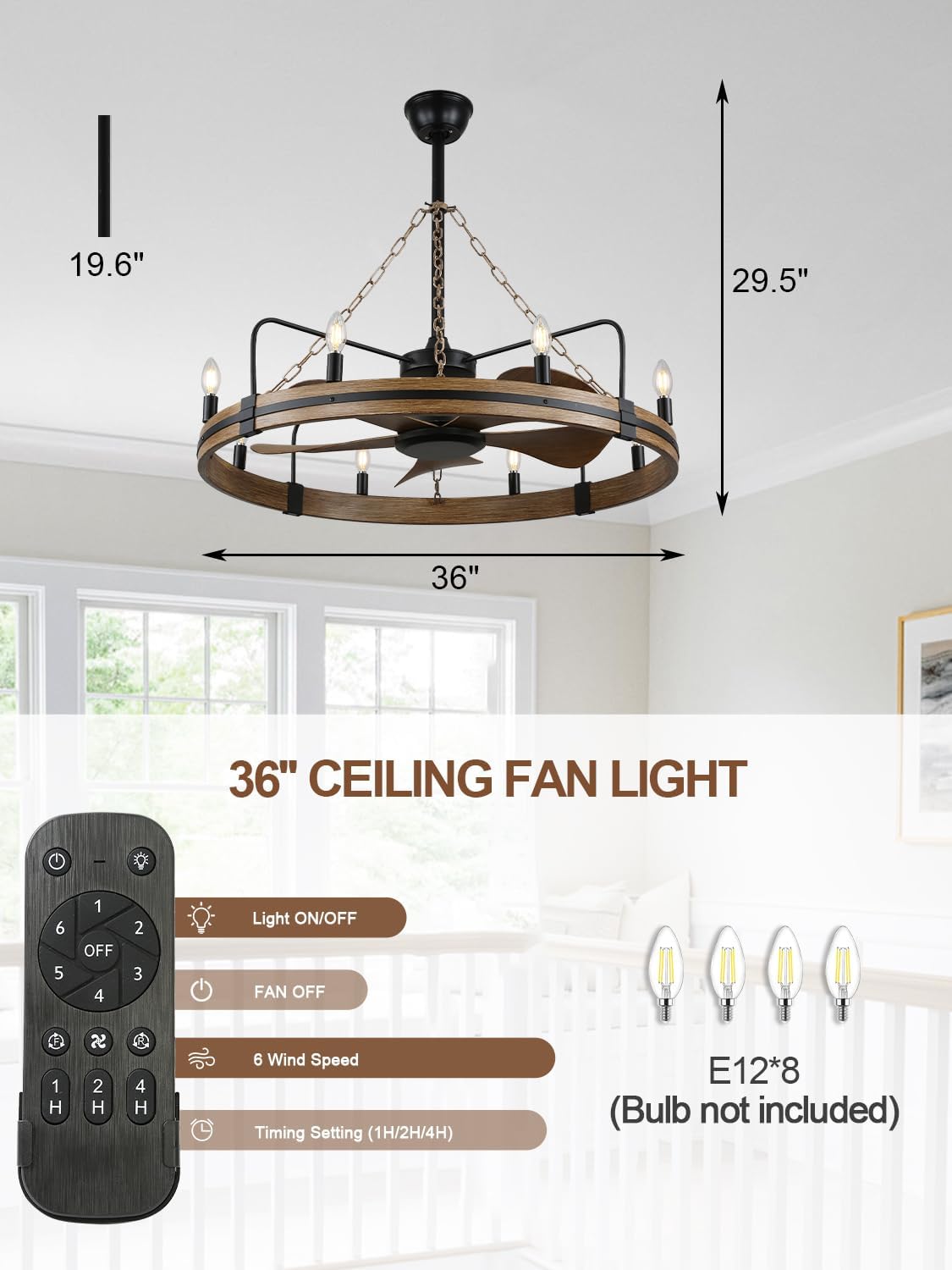 Bella Depot 36' Farmhouse Ceiling Fan with Light - Wagon Wheel Fandelier, 8-Light Rustic Chandelier Fan, Remote Control, for Bedroom Kitchen Dining Room (Bulbs Not Included)