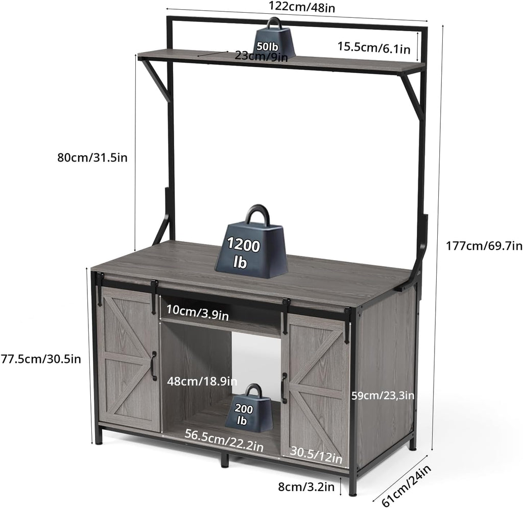 VOWNER Farmhouse Reptile Tank Stand with Power Outlet, 48' X 24' Tabletop Fits up to 120 Gallon Bearded Dragon Tank, Heavy Duty Aquarium Stand with Storage Cabinet, Reptile Turtle Terrarium Stand Grey