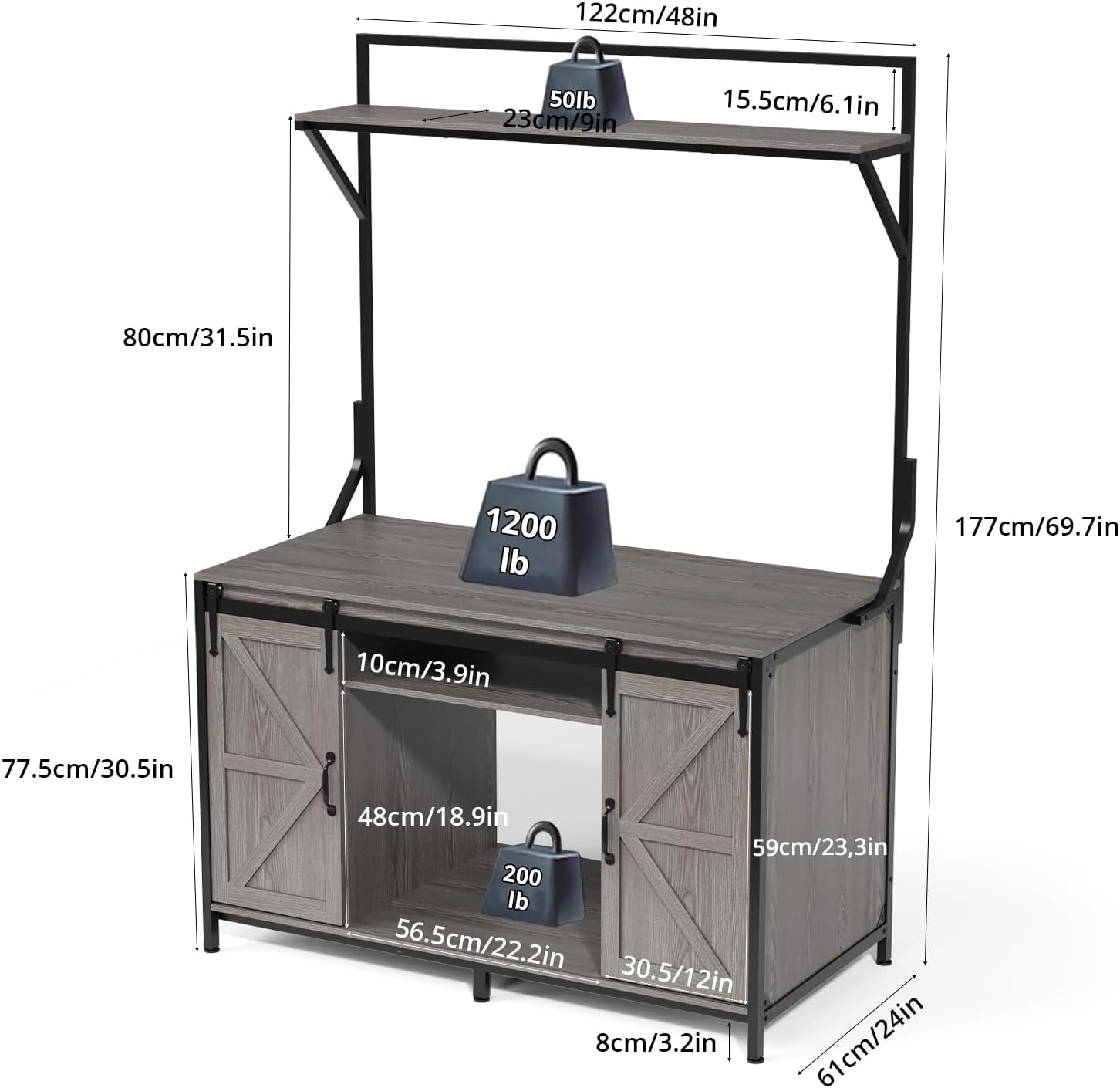 VOWNER Farmhouse Reptile Tank Stand with Power Outlet, 48' X 24' Tabletop Fits up to 120 Gallon Bearded Dragon Tank, Heavy Duty Aquarium Stand with Storage Cabinet, Reptile Turtle Terrarium Stand Grey