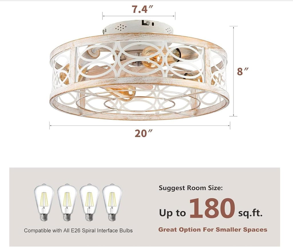 20' Caged Ceiling Fan With Light And Remote，bladeless Ceiling Fan 6 Speed Reversible With 4 Bulbs and Remote Control. With Lights for Bedroom, Dining Room