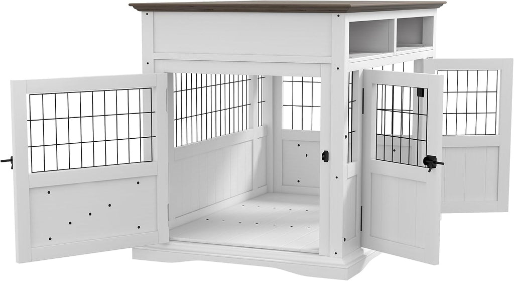 PawHut Dog Crate Furniture Side End Table with Storage, 41' Modern Wooden Dog Kennel Furniture with Double Doors for Small and Medium Dogs, White